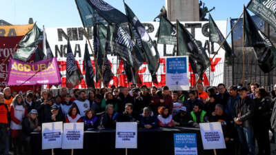 General view of a press conference from various Argentine unions during a general strike on May 9, 2024, in Buenos Aires, Argentina.