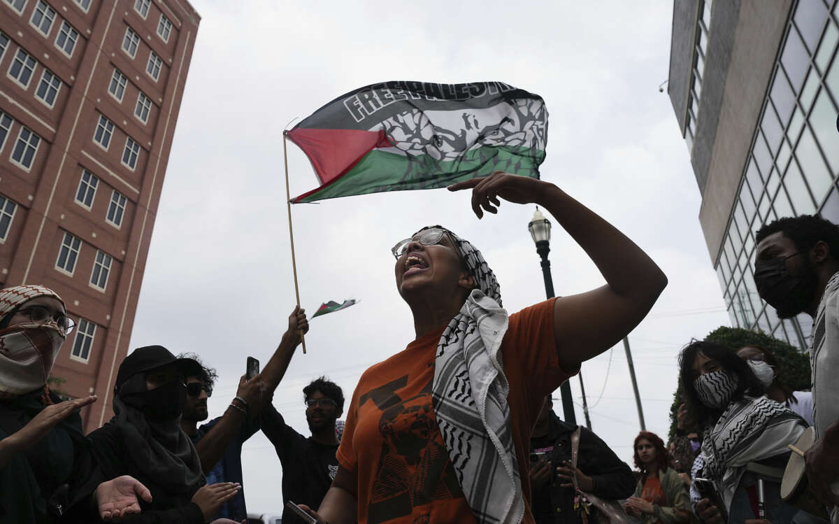Pro-Palestinian supporters gather outside Harris County Jail after two people were arrested following a pro-Palestinian encampment on University of Houston campus on May 8, 2024, in Houston, Texas.