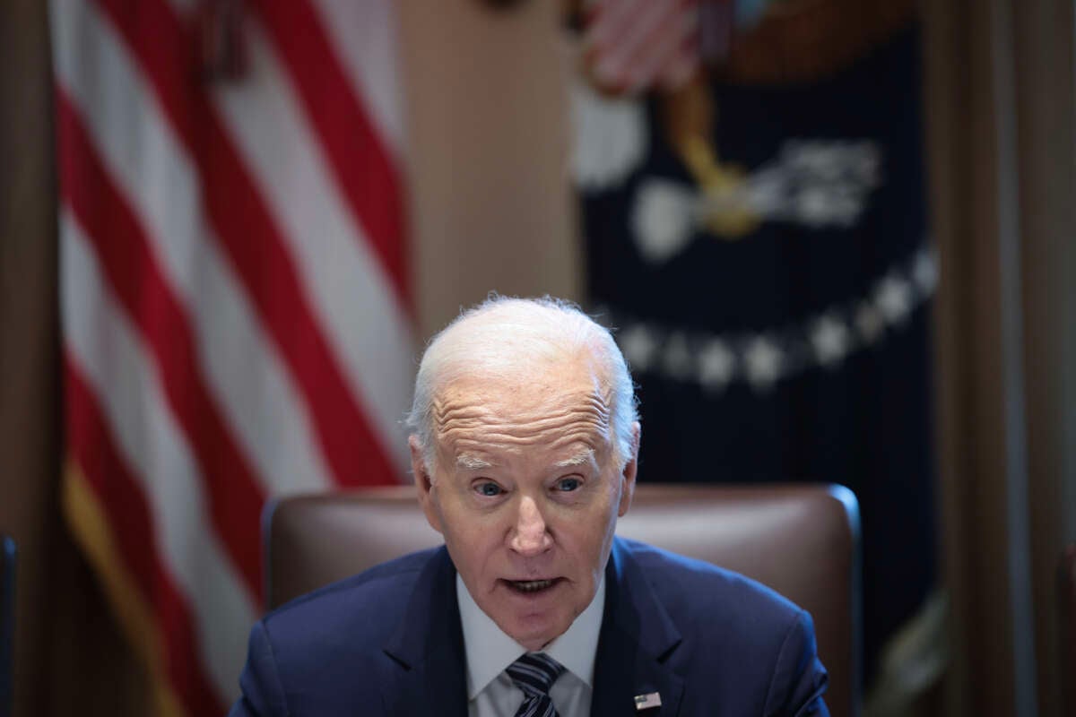 U.S. President Joe Biden delivers remarks while meeting with the Joint Chiefs and Combatant Commanders in the Cabinet Room of the White House on May 15, 2024, in Washington, D.C.