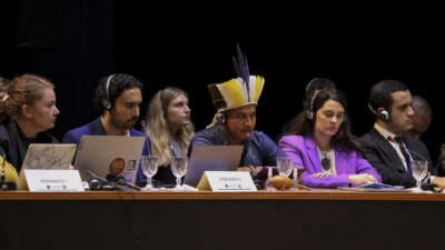 A member of the Guarani-Kaiowa ethnic group (center) attends a hearing on the responsibility of states in the face of climate emergencies, organized by the Inter-American Court of Human Rights, in Manaus, Brazil, on May 27, 2024.