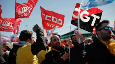 Amazon workers go on a strike after company aims to block salary increases, cut wages and reduce payments for those working weekends or holidays as part of a new contract agreement on March 21, 2018, in Madrid, Spain.