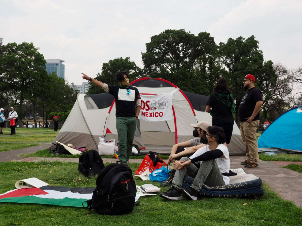 Activists participate in a camp protesting against Israel's attacks on the Gaza Strip, UNAM's Ciudad Universitaria campus in the south of Mexico City on May 2, 2024.