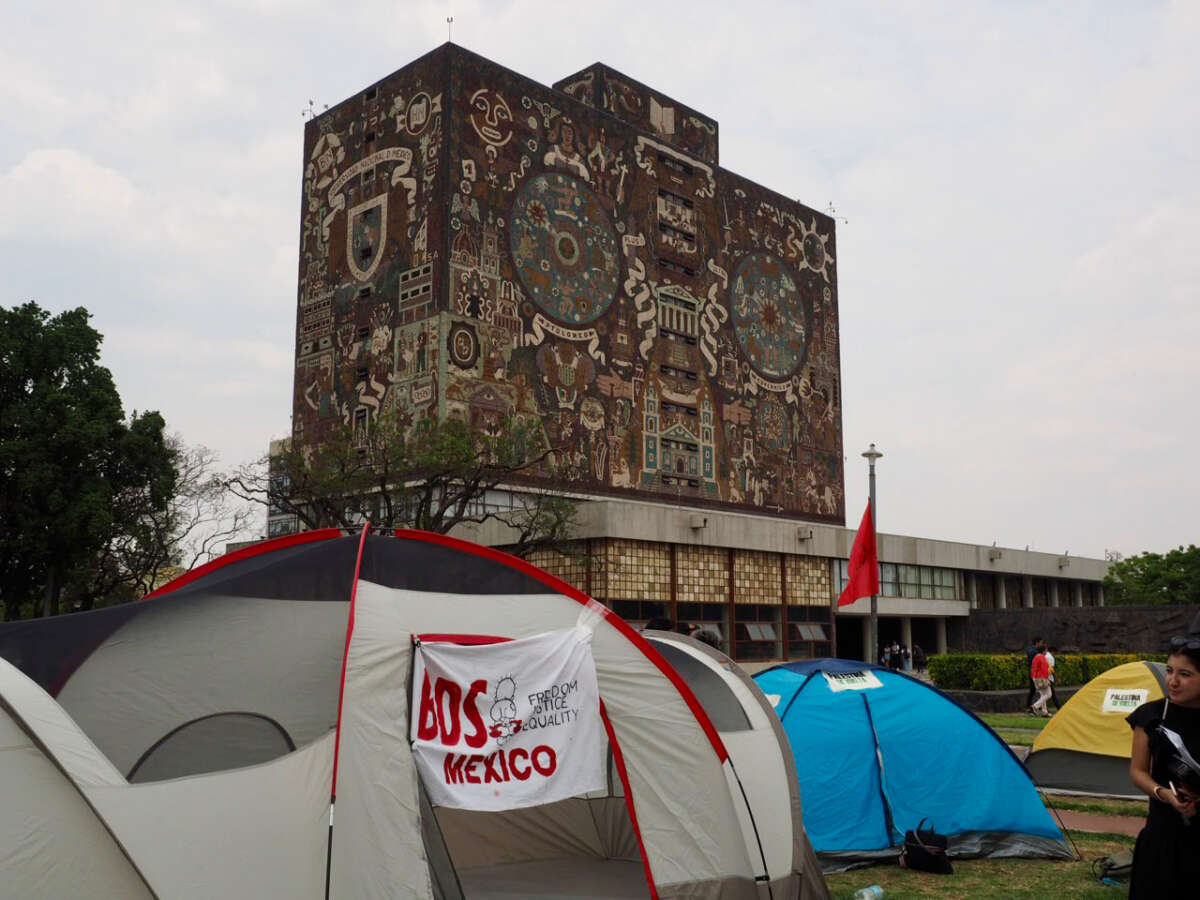 Activists participate in a camp protesting against Israel's attacks on the Gaza Strip, UNAM's Ciudad Universitaria campus in the south of Mexico City on May 2, 2024.