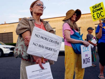 A protester holds a sign reading "NO MORE DEATHS; NO MÁS MUERTES" during an outdoor protest