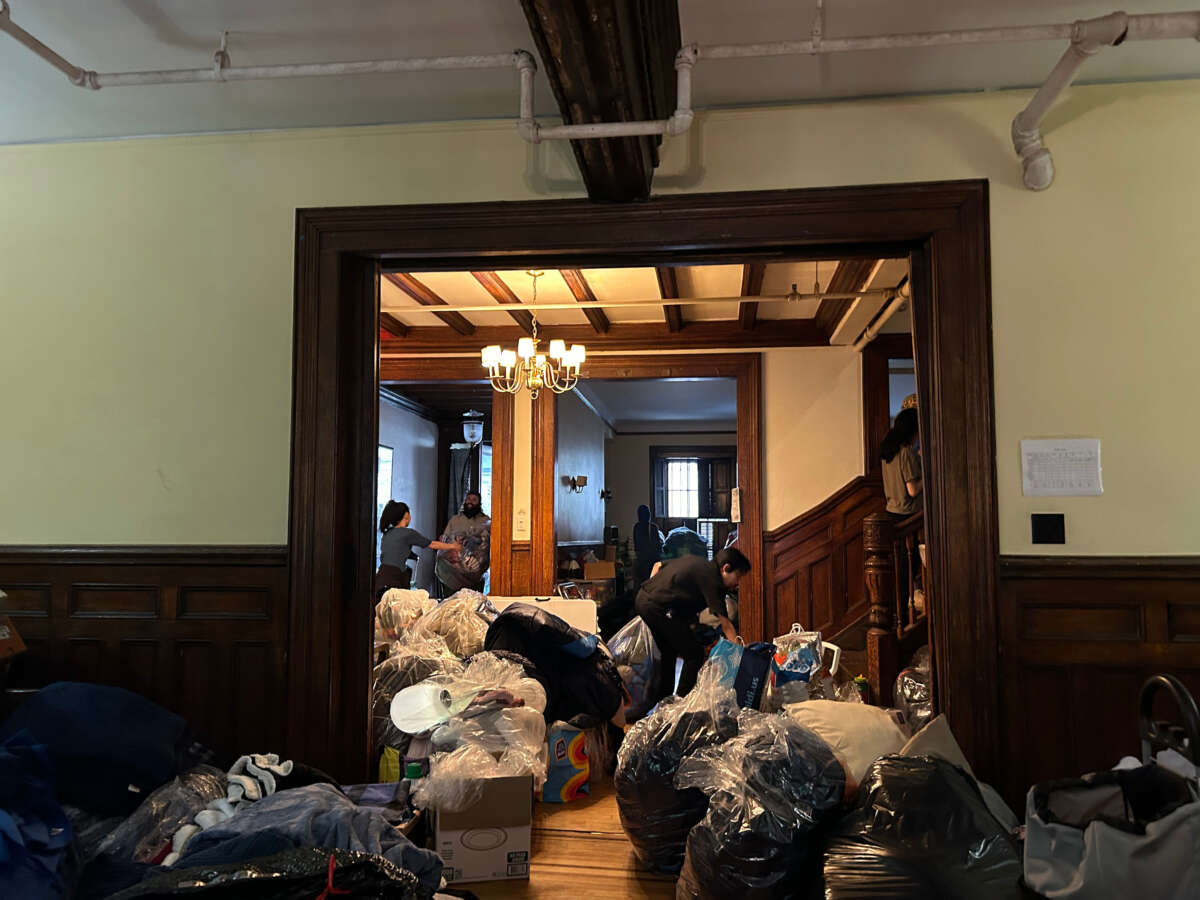 Volunteers fill Alpha Delta Phi, a co-ed fraternity house, with protesters’ belongs confiscated from the two rounds of encampments.