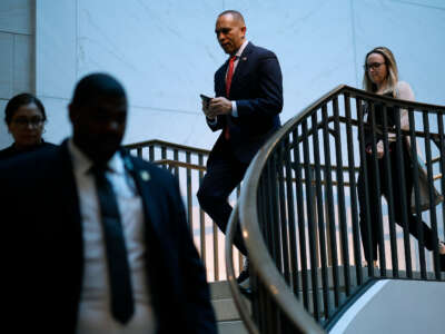 House Minority Leader Hakeem Jeffries heads to a sensitive compartmented information facility in the basement of the U.S. Capitol Visitors Center to meet with other Congressional leaders and intelligence officials from the White House on February 14, 2024, in Washington, D.C.