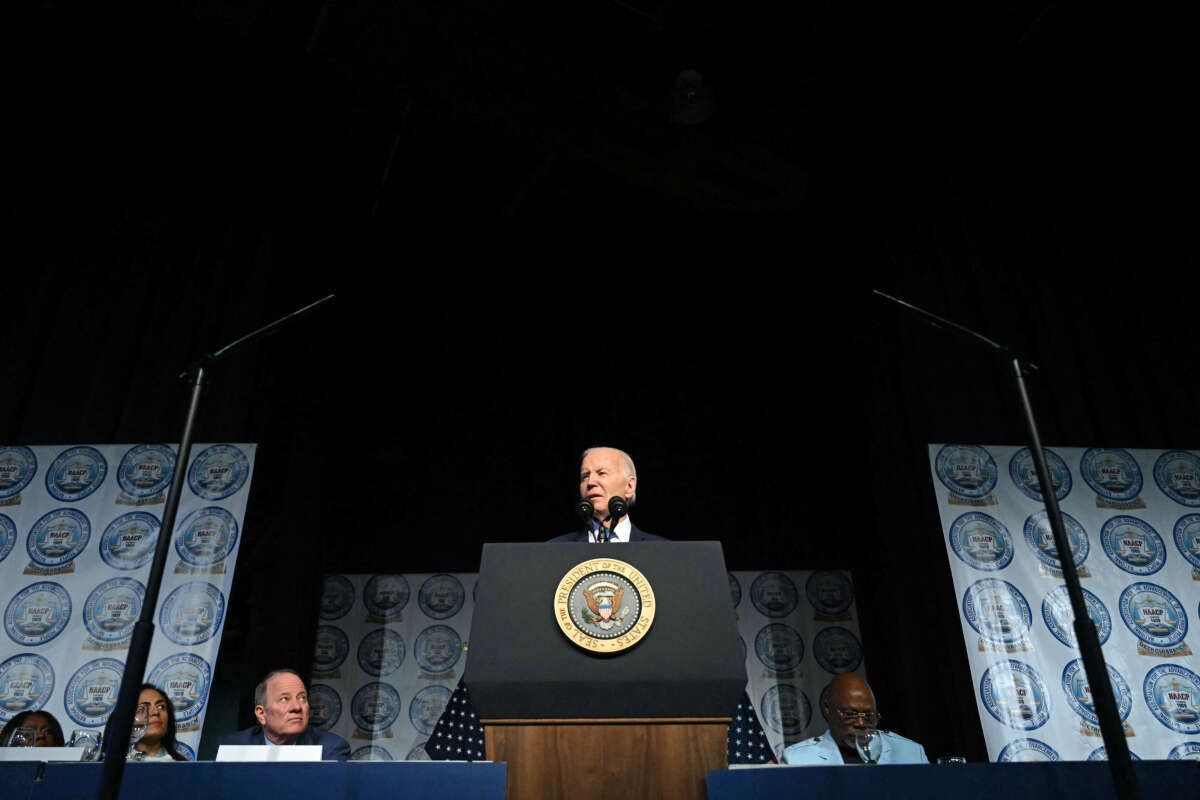 President Joe Biden speaks at the NAACP Detroit Branch annual Fight for Freedom Fund Dinner in Detroit, Michigan, on May 19, 2024.