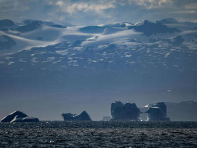 Melting icebergs drift off near a glacier in Scoresby Sound, Greenland, on August 16, 2023.