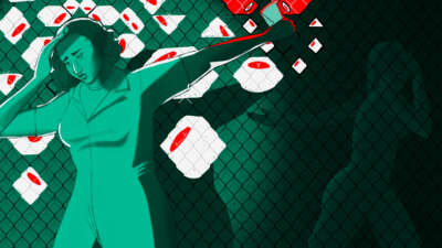 A digital illustration of a female prisoner reaching out to pass a letter to someone on the other side of a chain link fence, both of them unable to see due to the glaring light from several floating eyeballs surveilling the prisoner with the message.