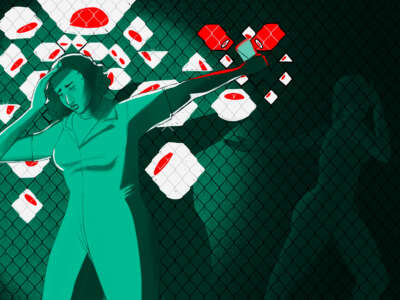 A digital illustration of a female prisoner reaching out to pass a letter to someone on the other side of a chain link fence, both of them unable to see due to the glaring light from several floating eyeballs surveilling the prisoner with the message.