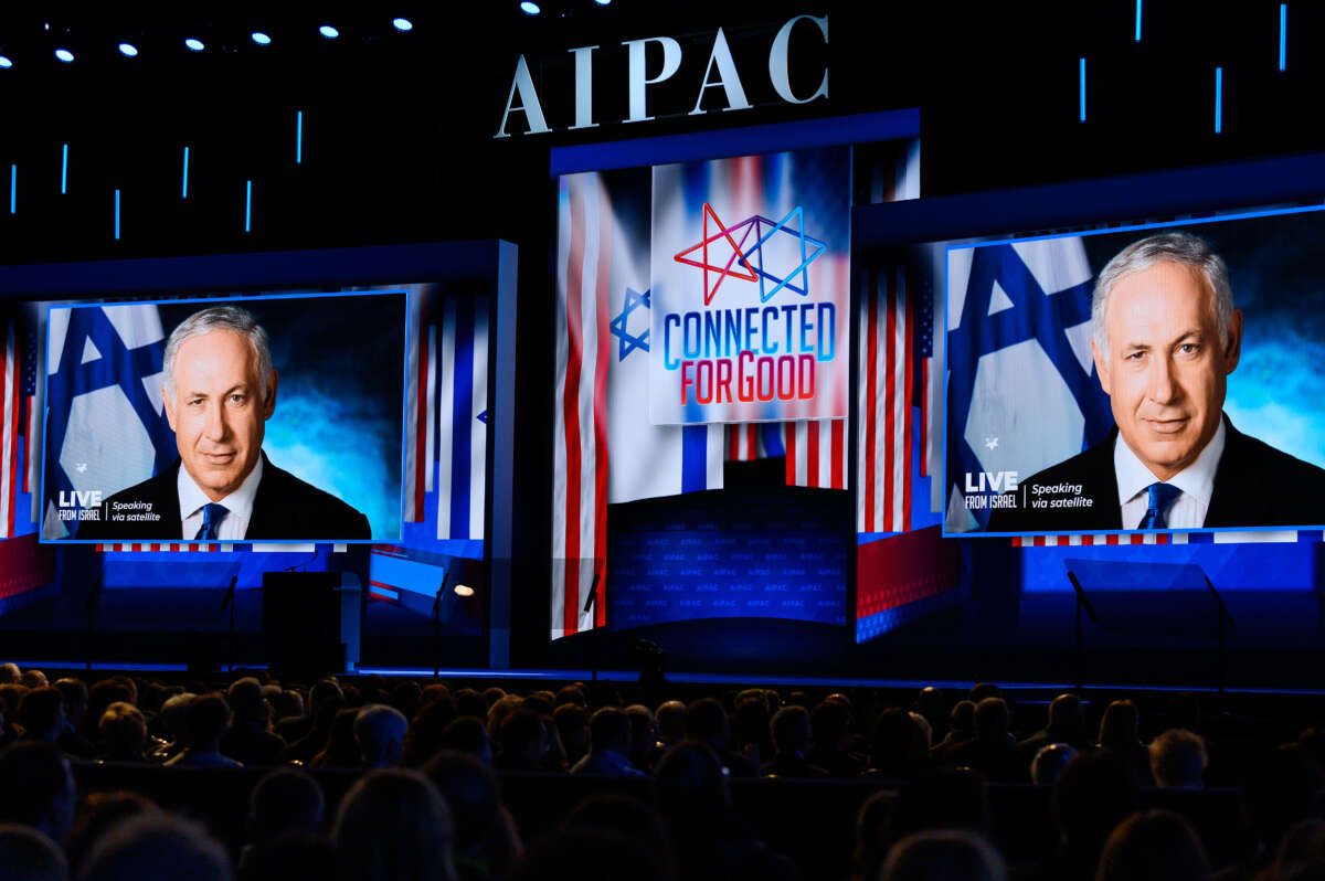 Benjamin Netanyahu, Prime Minister of Israel, speaks via video to the American Israel Public Affairs Committee (AIPAC) during the Policy Conference in Washington, D.C.