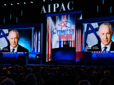 Benjamin Netanyahu, Prime Minister of Israel, speaks via video to the American Israel Public Affairs Committee (AIPAC) during the Policy Conference in Washington, D.C.
