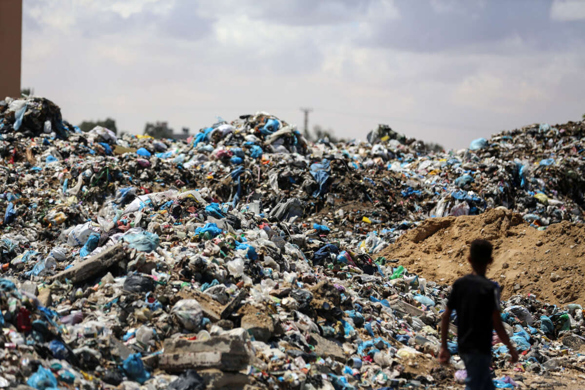 Piles of garbage are accumulating in Khan Yunis, in the southern Gaza Strip, amid the ongoing conflict between Israel and Hamas, on May 6, 2024.