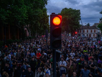 Activists and demonstrators take part in an anti-fascist rally following the European election results, in Toulouse, France, on June 10, 2024.