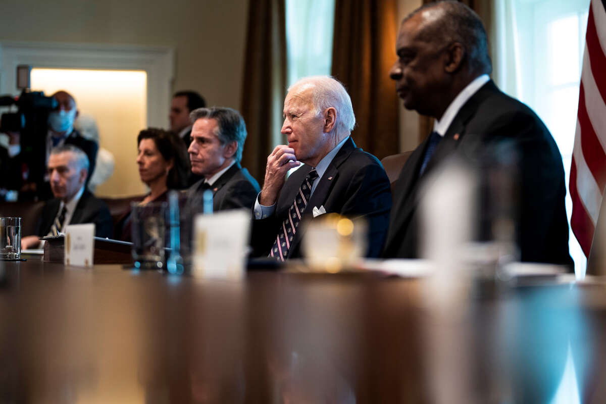 Secretary of State Antony Blinken, President Joe Biden and Defense Secretary Lloyd Austin are pictured in the Cabinet Room of the White House on March 10, 2022, in Washington, D.C.