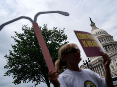 Medical workers and reproductive care patients listen during a news conference outside of the U.S. Capitol Building on June 12, 2024, in Washington, D.C.
