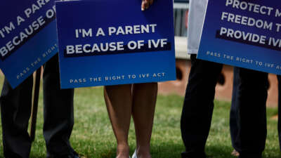 Medical workers and IVF patients listen during a news conference on access to in vitro fertilization (IVF) treatments outside of the U.S. Capitol Building on June 12, 2024, in Washington, D.C.