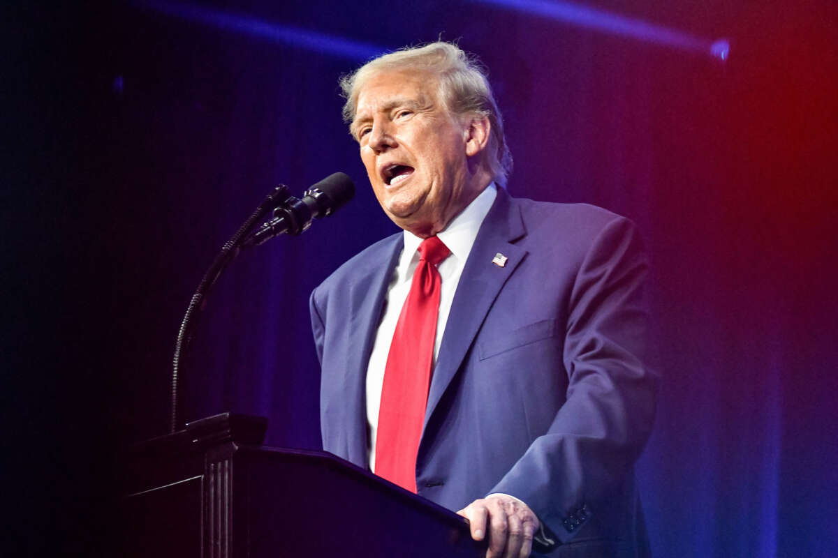 Former President Donald Trump speaks at The People's Convention hosted by Turning Point Action at the Huntington Place in Detroit, Michigan, on June 15, 2024.