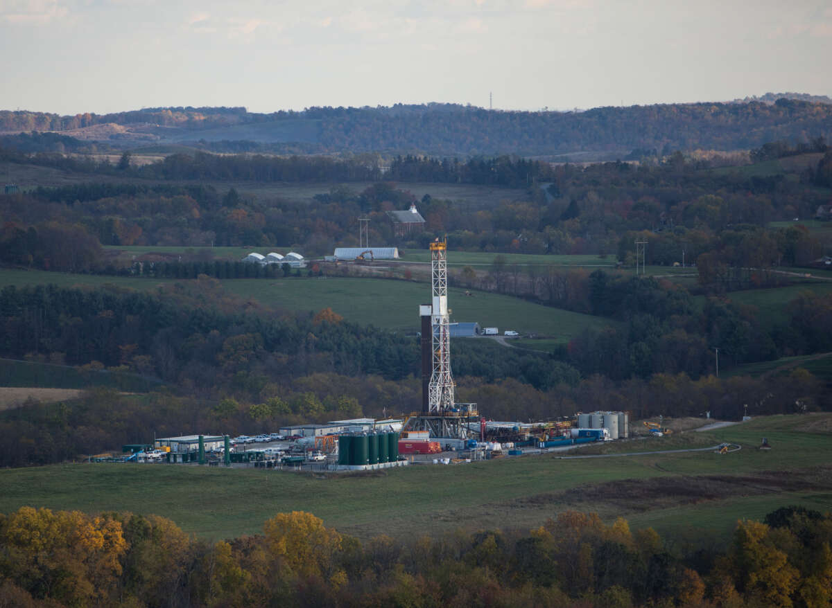 A hydrofracking drilling pad for oil and gas operates on October 26, 2017, in Robinson Township, Pennsylvania.