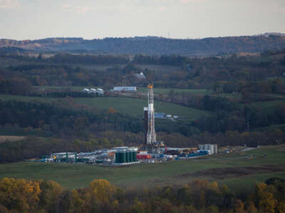 A hydrofracking drilling pad for oil and gas operates on October 26, 2017, in Robinson Township, Pennsylvania.