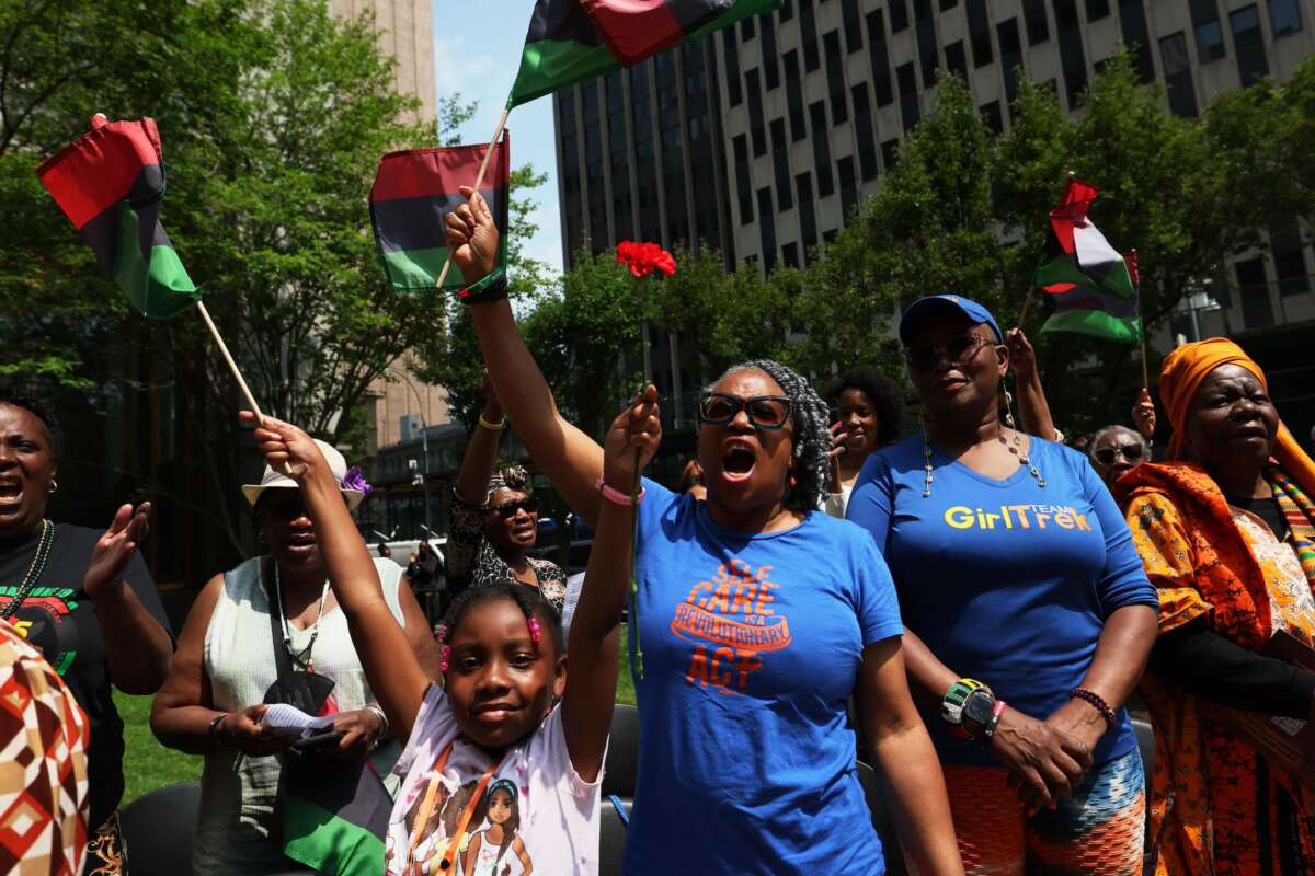 People celebrate Juneteenth at the African Burial Ground National Monument on June 19, 2023, in New York City.