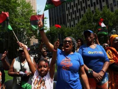 People celebrate Juneteenth at the African Burial Ground National Monument on June 19, 2023, in New York City.