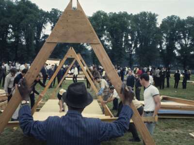 Anti-poverty activists construct plywood and canvas tents, known as Resurrection City, on the National Mall as part of the Poor People's Campaign in Washington, D.C., on May 13, 1968.