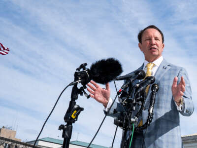 Louisiana Gov. Jeff Landry speaks with reporters outside the U.S. Supreme Court in Washington, D.C., on March 18, 2024.