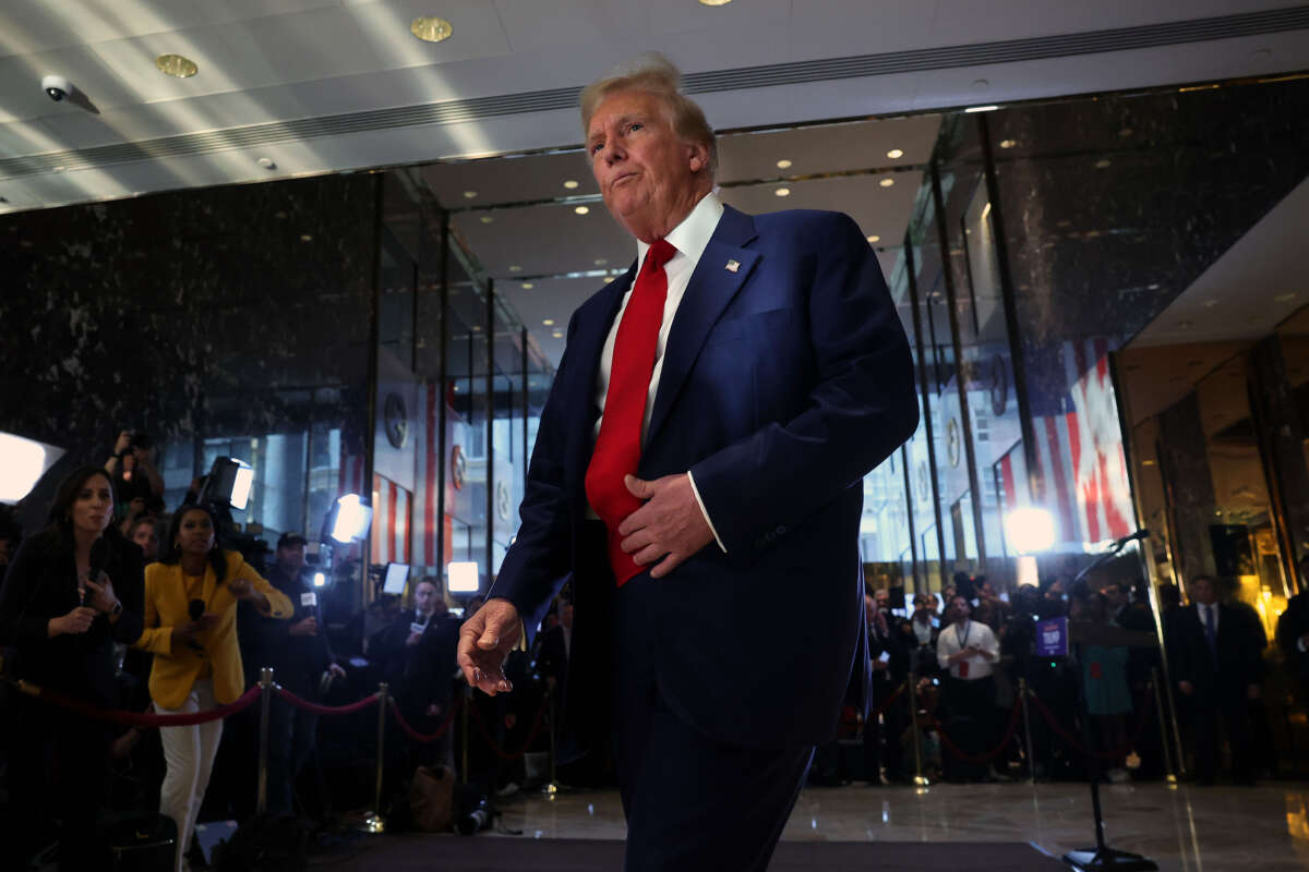 Former President Donald Trump leaves after addressing members of the media at Trump Tower on May 31, 2024, in New York City.