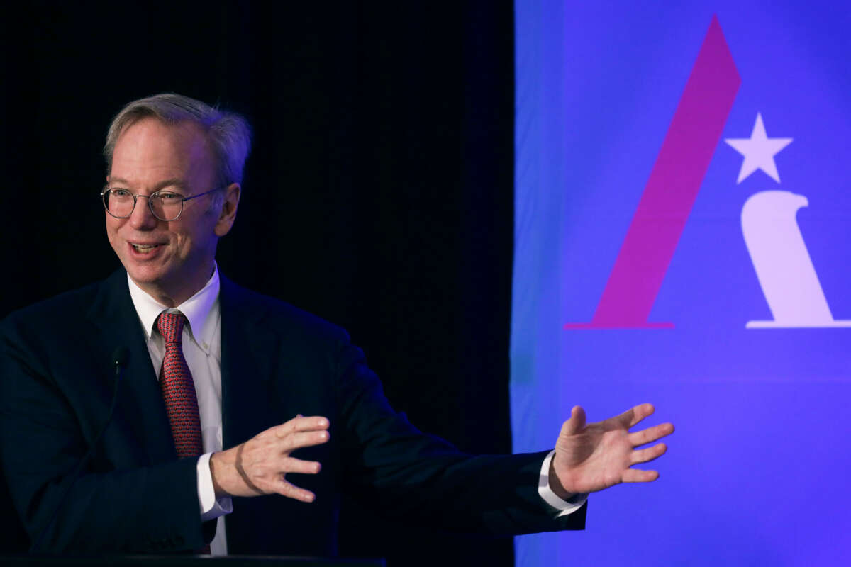 Executive Chairman of Alphabet Inc., Google's parent company, Eric Schmidt speaks during a National Security Commission on Artificial Intelligence (NSCAI) conference November 5, 2019, in Washington, D.C.