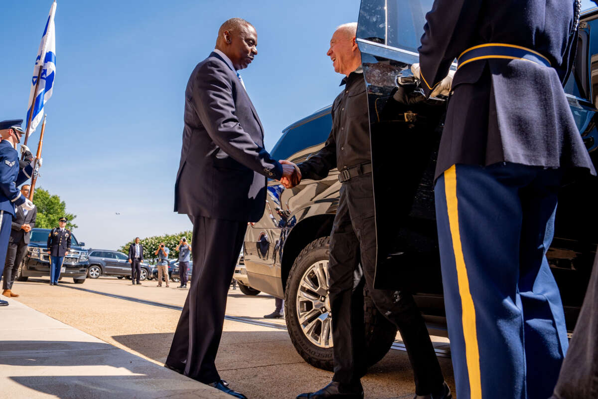 U.S. Secretary of Defense Lloyd Austin greets Israeli Defense Minister Yoav Gallant as he arrives during an honor cordon at the Pentagon on June 25, 2024, in Arlington, Virginia.