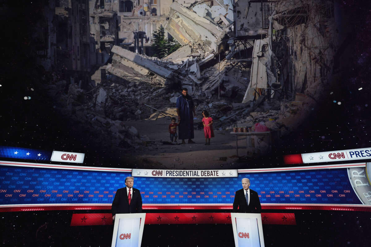 Former President Donald Trump (left) and President Joe Biden are pictured at the CNN Presidential Debate at CNN Studios along with an image of a man and his children waking past destroyed buildings in Khan Yunis.