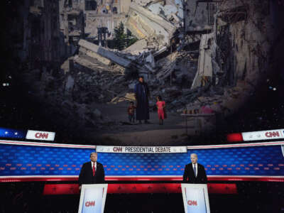 Former President Donald Trump (left) and President Joe Biden are pictured at the CNN Presidential Debate at CNN Studios along with an image of a man and his children waking past destroyed buildings in Khan Yunis.