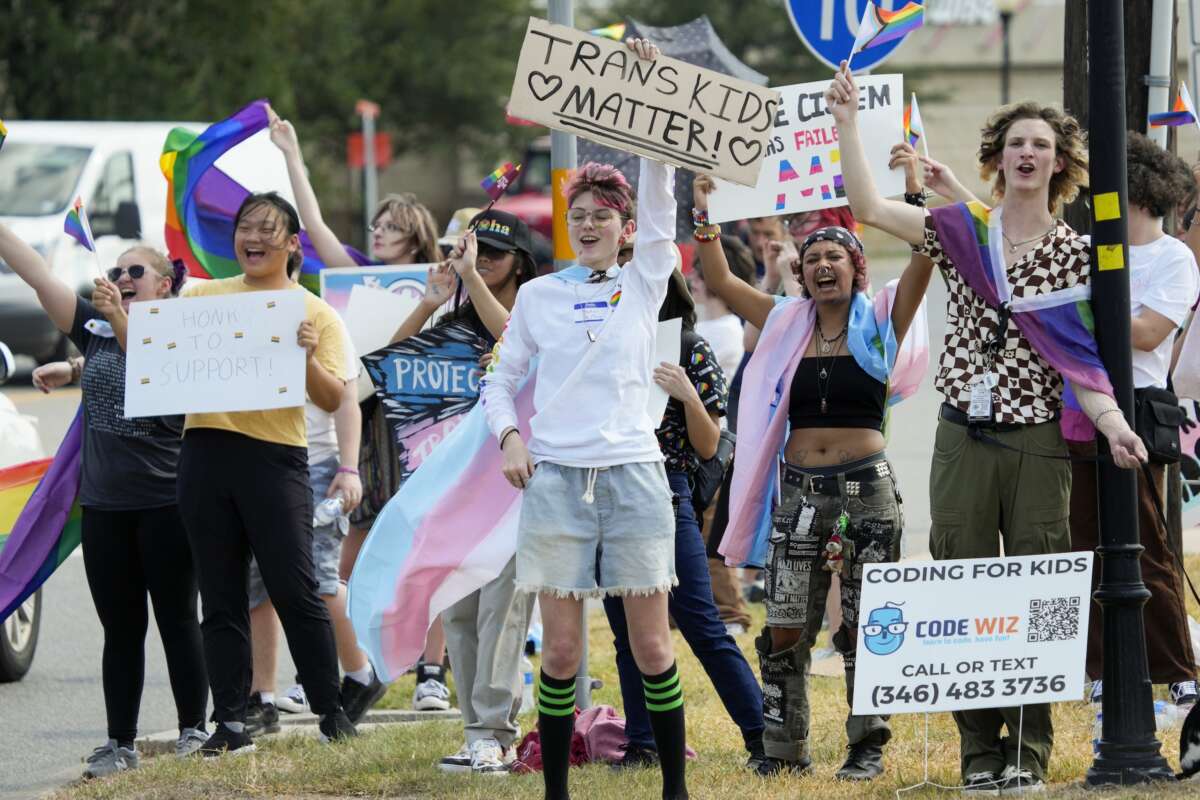 Student protest against Katy ISD's transgender policy outside the school districts educational support complex on August 30, 2023 in Katy, Texas.