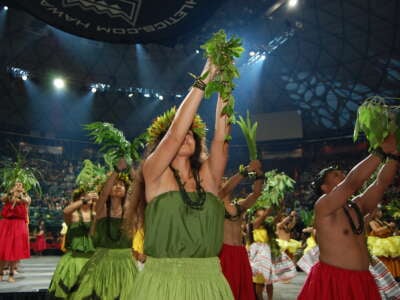 Hawaiian hula dancers join 24 other island delegations at the opening ceremony of the Festival of Pacific Arts & Culture. The eight-hour marathon of music and dance took place at the Stan Sheriff Center at the University of Hawaii at Manoa on June 6, 2024.