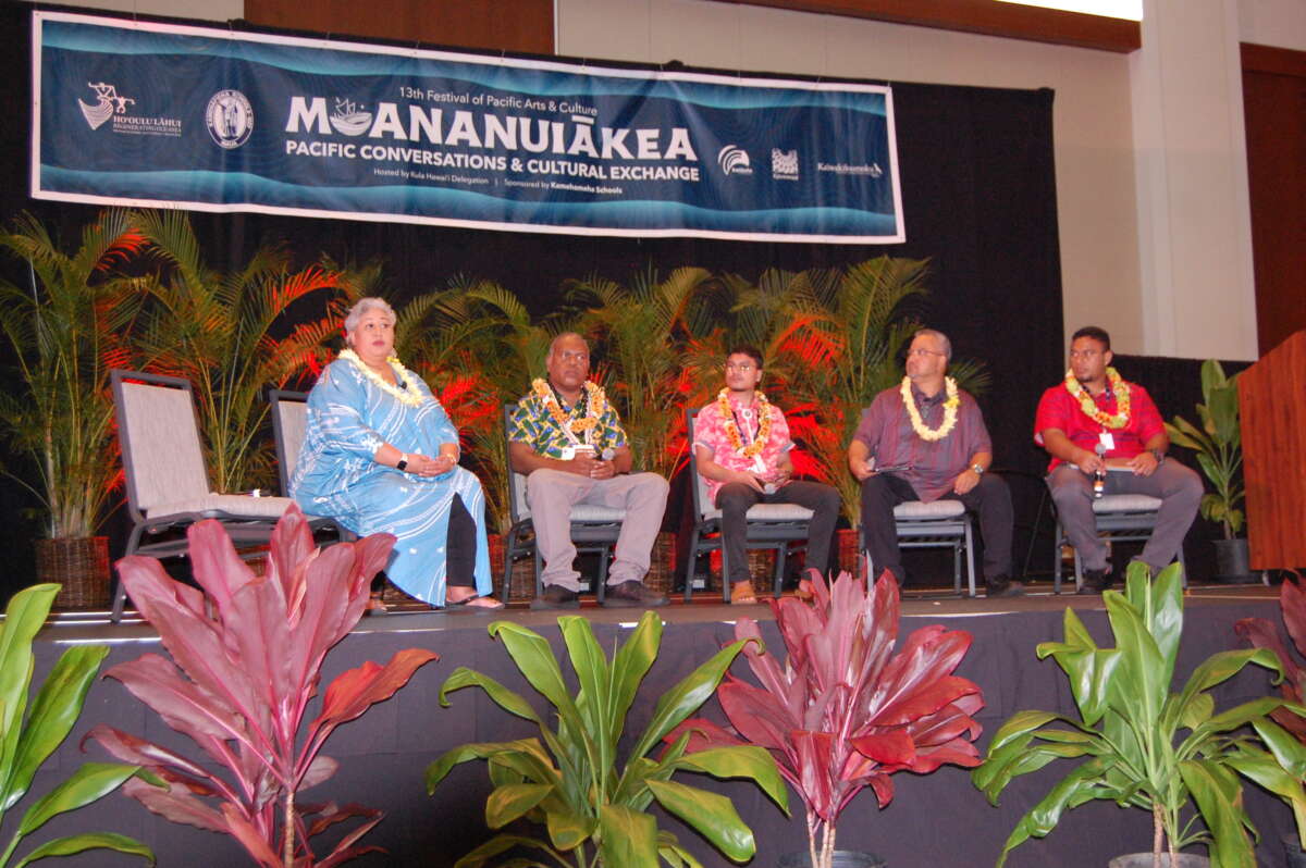 From left to right, the “Rising Tides & Refugees” panel: Native Hawaiian moderator Lina Girl; Kabini Afia, of the Solomon Islands’ Ministry of Culture and Tourism; Jobod Silk, Republic of the Marshall Islands, NationalClimate Representative with the non-profit Jo-Jikum; Tawake Eriata, Kiribati, assistant cultural officer at the Culture and Museum Centre in the division of the Ministry of Internal Affairs of Tarawa, Kiribati; Tuvalu’s Assistant Secretary, Ministry of Local Government and Agriculture Penivao Moealofa.