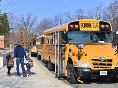 A school bus arrives at an elementary school in Virginia