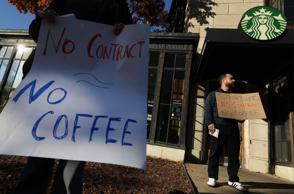 Members and supporters of Starbucks Workers United protest outside of a Starbucks store in Dupont Circle on November 16, 2023, in Washington, D.C.