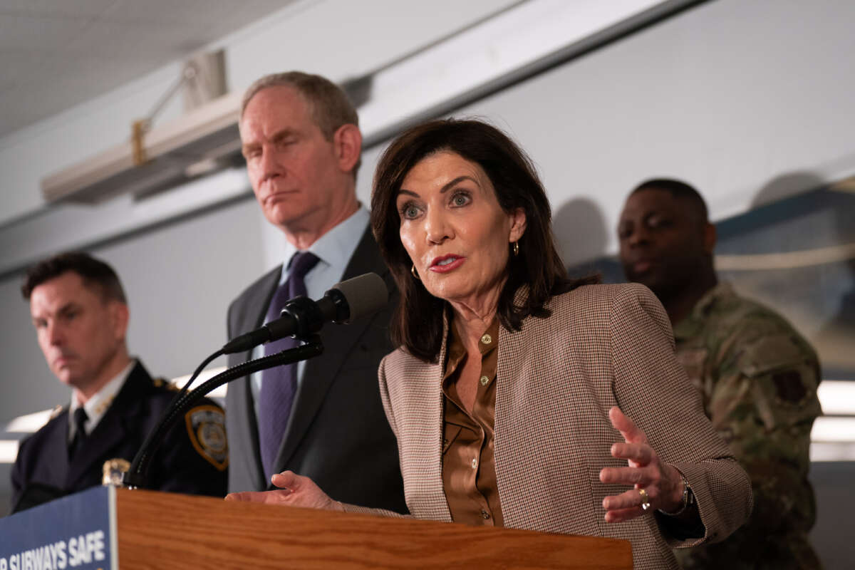 New York Governor Kathy Hochul speaks during a press conference at NYCTA Rail Control Center on March 6, 2024, in New York City.