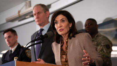 New York Governor Kathy Hochul speaks during a press conference at NYCTA Rail Control Center on March 6, 2024, in New York City.