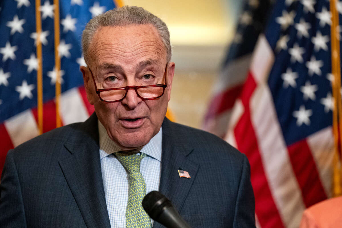 Senate Majority Leader Chuck Schumer speaks during a news conference on Capitol Hill on May 22, 2024, in Washington, D.C.