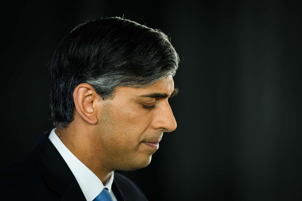 U.K. Prime Minister Rishi Sunak speaks at the Conservative Party's general election manifesto launch at Silverstone Circuit on June 11, 2024, in Towcester, United Kingdom.