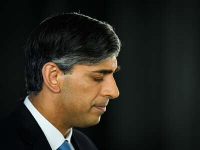 U.K. Prime Minister Rishi Sunak speaks at the Conservative Party's general election manifesto launch at Silverstone Circuit on June 11, 2024, in Towcester, United Kingdom.