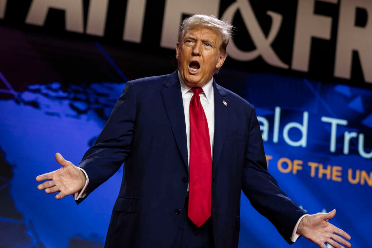 Former U.S. President Donald Trump gestures to the crowd before delivering the keynote address at the Faith & Freedom Coalition's Road to Majority Policy Conference at the Washington Hilton on June 22, 2024, in Washington, D.C.