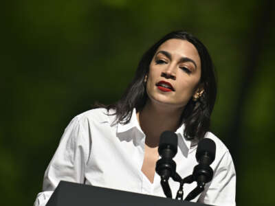 Rep. Alexandria Ocasio-Cortez deliver remarks on Earth Day event at Prince William Forest Park in Virginia on April 22, 2024.