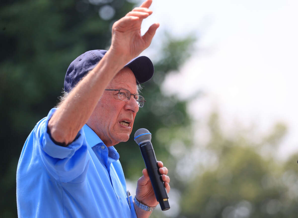 Sen. Bernie Sanders participates in a rally in support of Ocasio-Cortez and Bowman's re-election campaigns on June 22, 2024, in Bronx, New York City.
