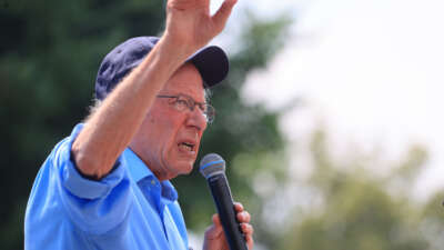 Sen. Bernie Sanders participates in a rally in support of Ocasio-Cortez and Bowman's re-election campaigns on June 22, 2024, in Bronx, New York City.