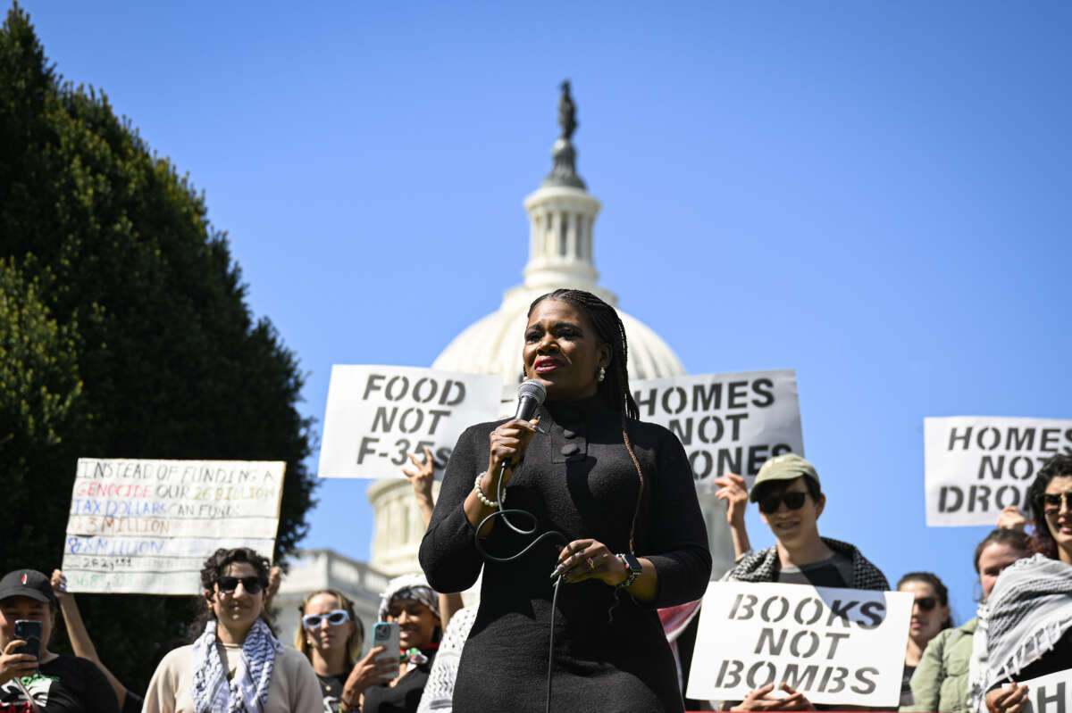 Rep. Cori Bush makes a speech as Pro-Palestinian demonstrators hold a rally outside the U.S. Capitol building in Washington, D.C., on April 20, 2024.
