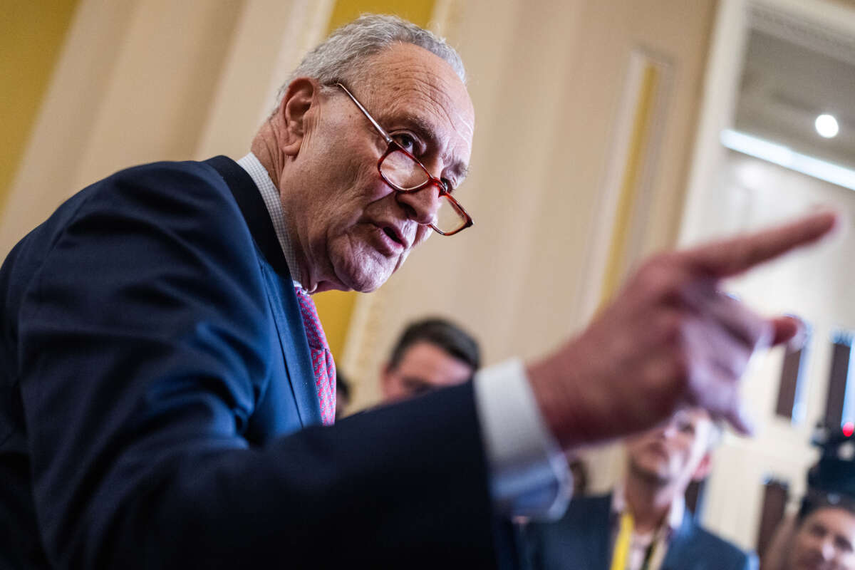 Senate Majority Leader Charles Schumer fields questions in the U.S. Capitol on July 9, 2024.