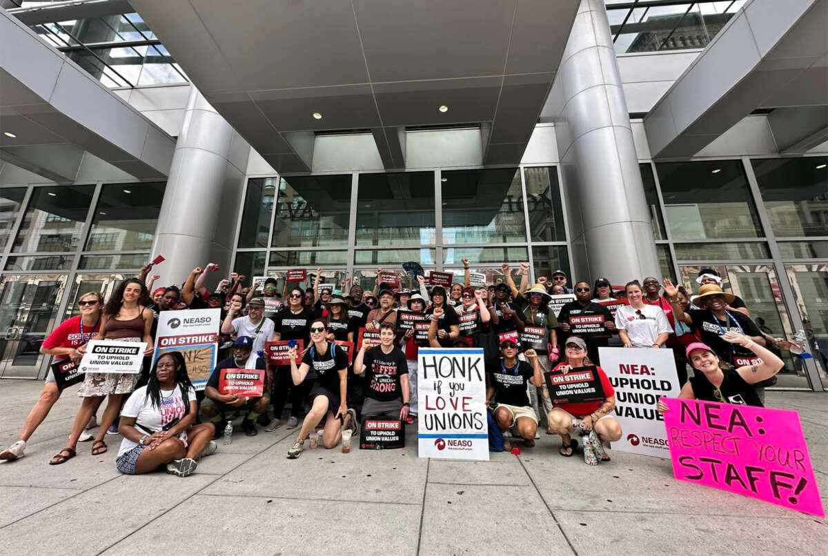 Members of the National Education Association Staff Organization participated in a picket line outside the Pennsylvania Convention Center from July 4 to July 7, 2024.